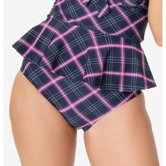 Unique Vintage Navy and Pink Plaid Daphne Bikini Bottom S NWOT - Picture 2 of 6